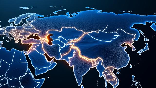 Карта Центральной Азии с высокотехнологичными сетями и логистическими потоками