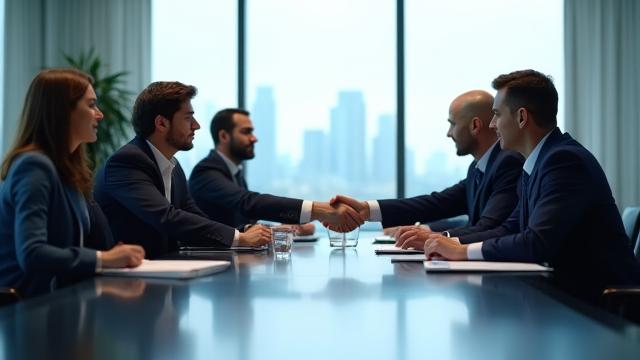 Дөңгелек үстел басында қол алысып тұрған кәсіпқойлар тобы. Олардың айналасында әртүрлі құжаттар мен диаграммалар жатыр, сенім мен келісім атмосферасын көрсетеді.