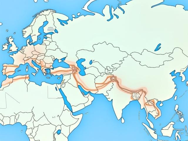 Орта дәліздің Қытайдан Еуропаға дейінгі маршрутын көрсететін карта