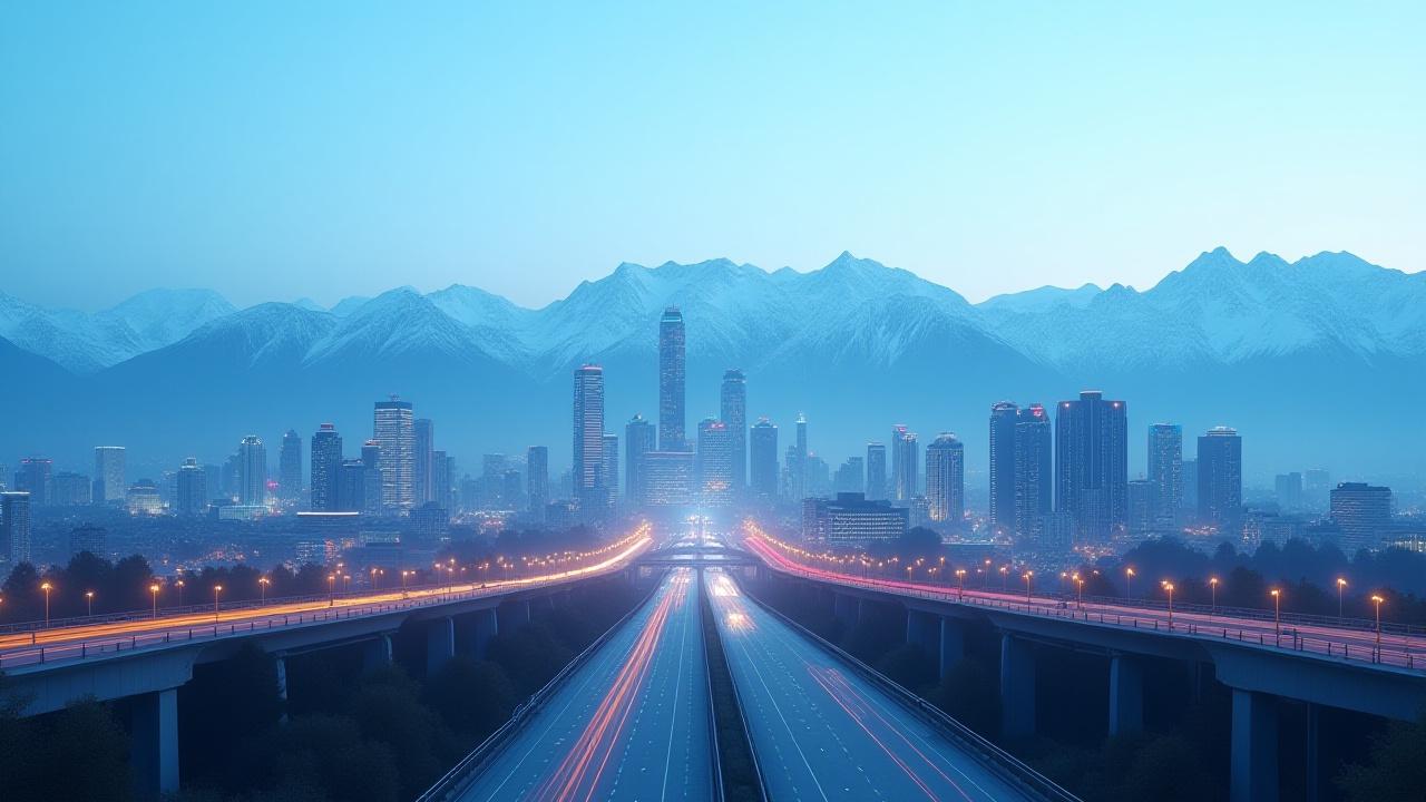 Алматының тауларының фонындағы футуристік ақылды қала көрінісі, ақылды көлік инфратүйіндері мен ағылшындары бар